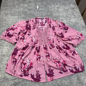 Roamans Top Womens 22W Pink Purple Floral Tunic Flowy Blouse Button Lace Boho